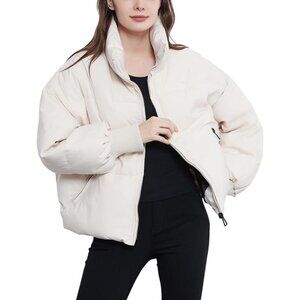 Women’s White Winter Warm Cropped Puffer Jacket Coat Zippered Pockets Quilted